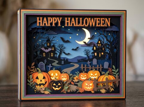 Halloween decoration with pumpkins and spooky houses at night