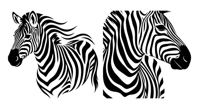 Black and white artistic zebra head illustrations in a stylized design set