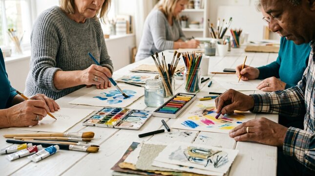 Multiethnic group of adult woman and man participating in workshop for art therapy. Diverse people painting with brush and color on paper. Collective creative hobby and social craft.