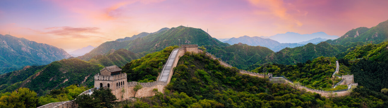 Great wall China with watchtower winding over lush mountain crest, travel banner