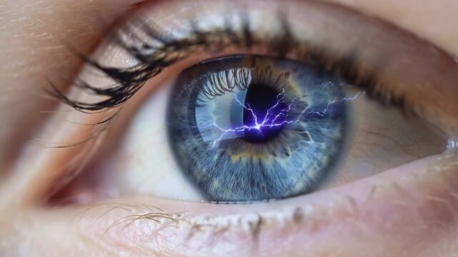 Close up of blue human eye with electric lightning effect creative vision concept