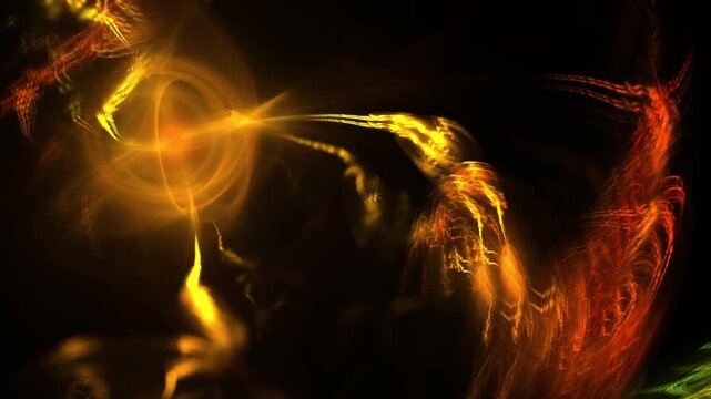 Dynamische leuchtende Licht- und Partikelwirbel in energievollen Gelb-Orange-Rott&ouml;nen - SciFi Hintergrund in dramatischer Atmosph&auml;re, Bewegung, Transformation, Technologie, Forschung, Weltall