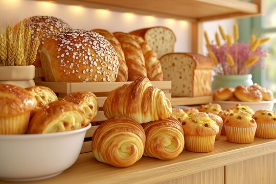 Luxury bakery display with artisan breads, flaky pastries and fresh muffins under warm ambient lighting, elegant food presentation, ultra detailed realism