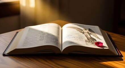 Fototapeta premium Open book with illustration and rose petal under warm sunlight