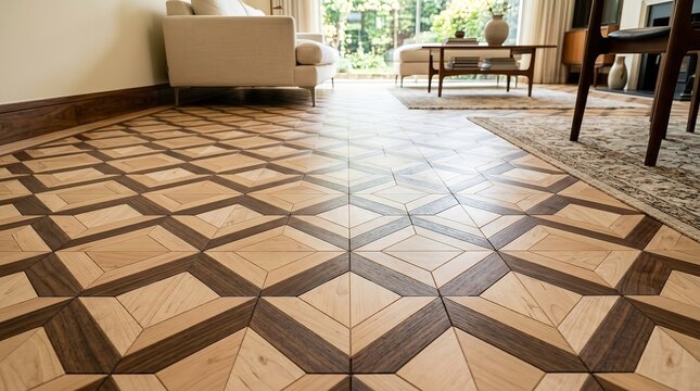 Intricate geometric hardwood flooring featuring a sophisticated parquet pattern composed of light and dark wood tiles creating an elegant depth and visual texture in this detailed architectural indoor