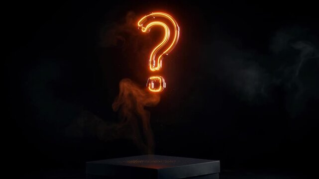 Glowing neon question mark rising from mysterious dark box with smoke effect