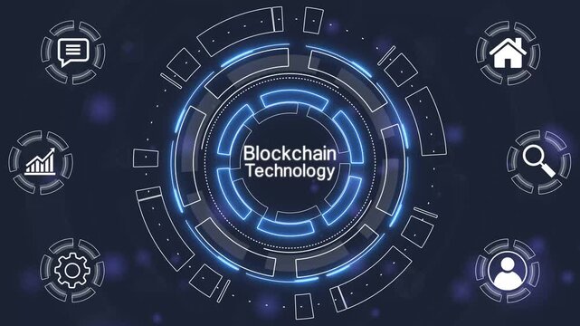 Futuristic Blue Circular Blockchain Technology HUD Interface Element with Bokeh Background technology digital.4k Animation.