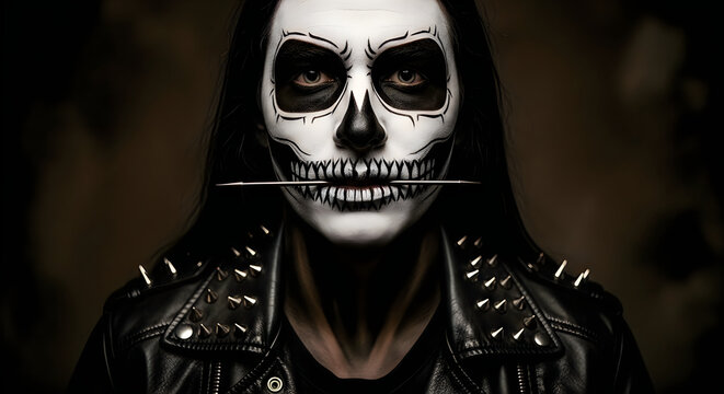 Intense portrait of a woman with detailed sugar skull makeup and spiked leather jacket