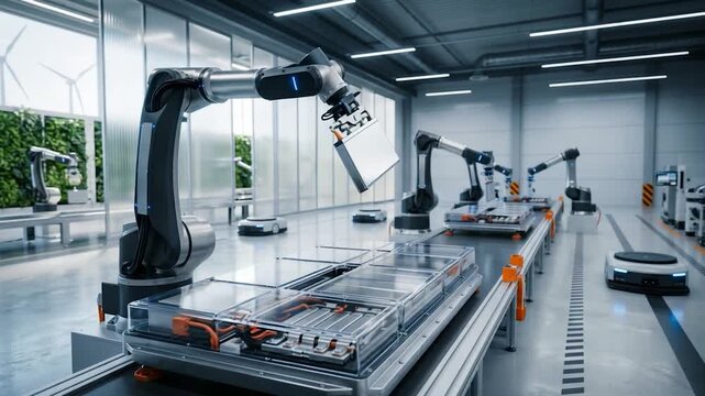 Automated robotic arm assembly line in modern factory for electric vehicle battery production