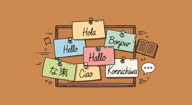 A corkboard displays greetings in multiple languages, signifying communication