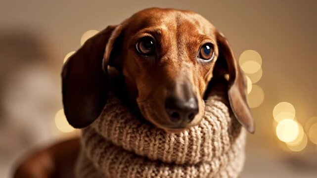 Close-up portrait of a brown dachshund wearing a beige knitted wool sweater in a cozy indoor setting with warm bokeh fairy lights in the background, looking aside curiously.