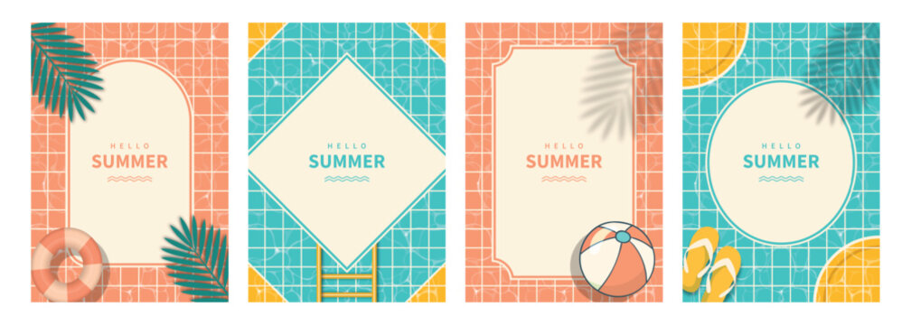 summer pool background hello summer poster template design vector set