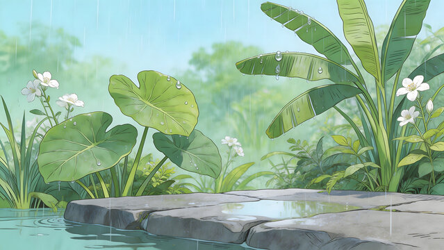 Rainy tropical plants and stone