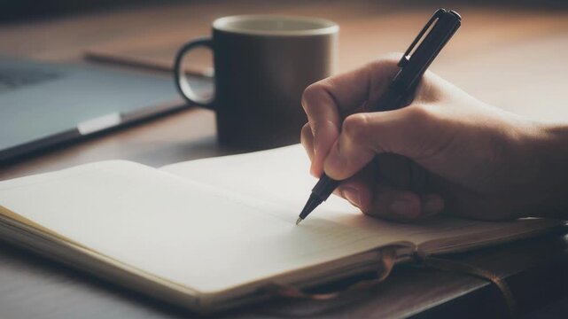 Close up of hand writing in notebook with pen and coffee cup on wooden table for productivity and creativity