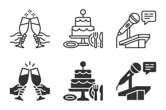 Event icons: celebratory toasts, wedding cakes, public speaking.
