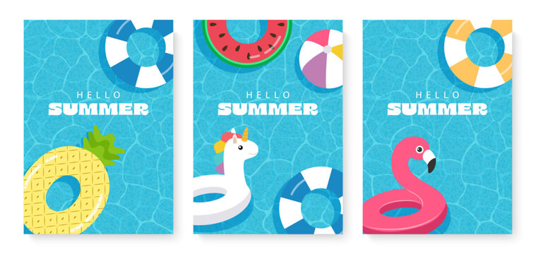 Hello summer, inflatable flamingo and unicorn, watermelon and pineapple float on sea or pool water background, summer travel, vector illustration.