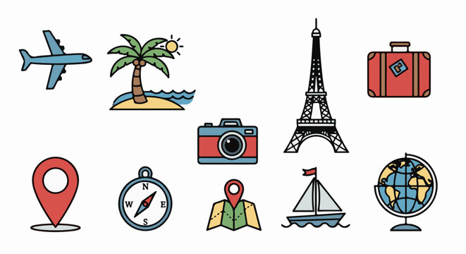 A collection of travel-related icons including an airplane, island, Eiffel Tower, suitcase, camera, location pin, compass, map, sailboat, and globe