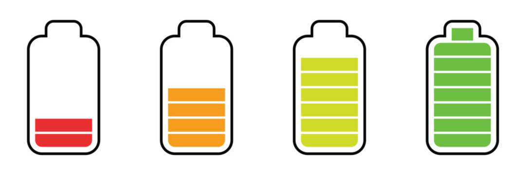 Battery charge levels icon from empty to full progress