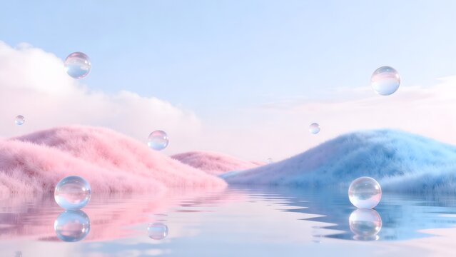 Futuristic landscape with colorful hills and floating spheres
