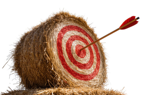 Red and white target painted on hay bale arrow hitting bullseye, isolated on transparent background