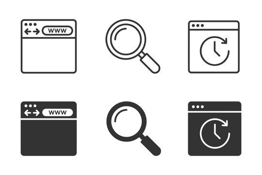 Web browser icons: search, history, url windows in minimalist design.