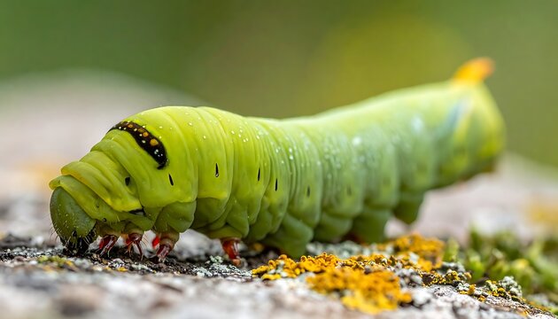 Green caterpillar eating leaf on ground.
