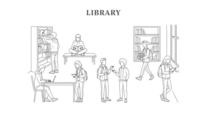 Top View CAD Library People Illustration Set with Standing and Seated Human Figures Reading Books and Searching Shelves in Overhead Perspective for Architectural Drawing Use