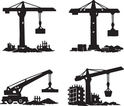 Crane at a construction site on the white background in doodle hand drawn