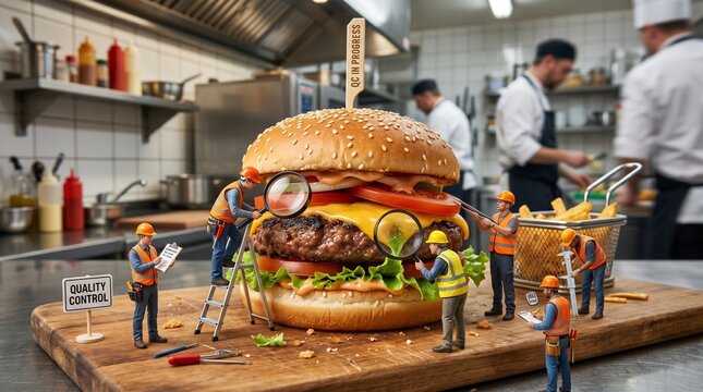 Miniature construction workers perform a detailed quality control inspection on a giant delicious cheeseburger placed on a wooden cutting board in this creative conceptual food photograph