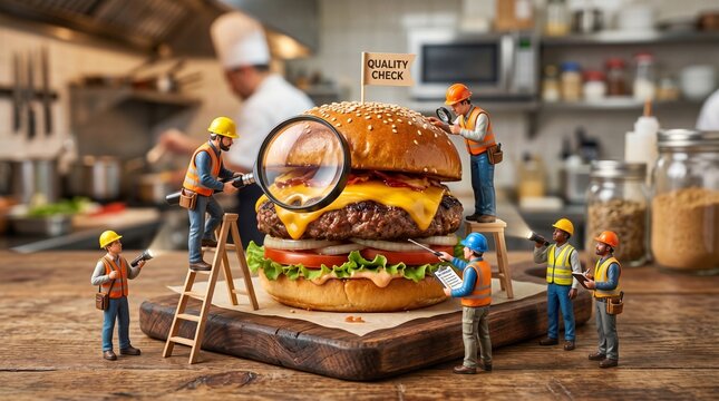 Miniature construction workers perform a detailed quality check on a large delicious cheeseburger in this creative and humorous conceptual photograph shot in a professional restaurant kitchen
