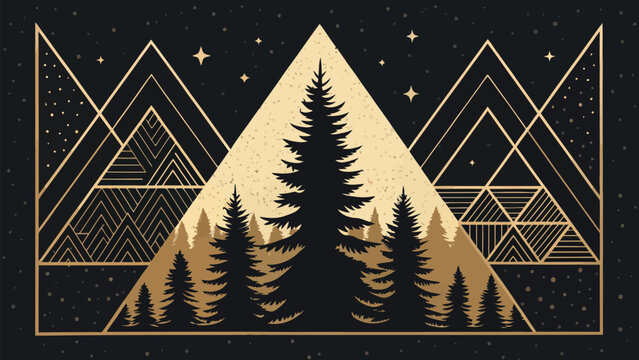 Gold and black illustration of pine trees and mountains at night
