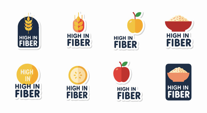 Eight icons indicating high fiber content with food illustrations