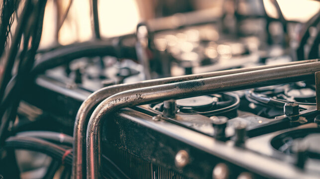 Metal pipe heat pipe close up machine part industrial equipment maintenance metal surface oil stain fingerprint sunlight mining rig hardware heat shimmer distortion realistic grain background