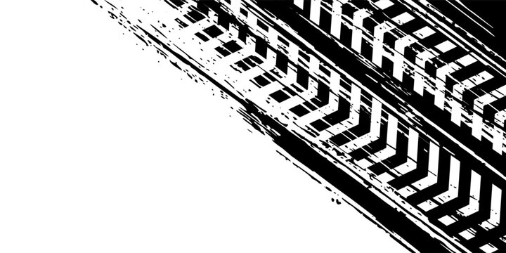 Grunge tire tracks, wheel braking marks. Truck, car or motorcycle tread pattern silhouettes. Auto race, motorsport, speed racing design element
