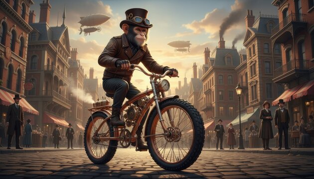 Fashionable monkey in steampunk style rides bicycle through a vintage cityscape at twilight