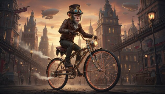Fashionable monkey in steampunk style rides bicycle through a vintage cityscape at twilight