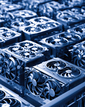 Mining rig low angle shot of repetitive silhouette in rack clean minimalist industrial background cold clinical lighting with deep natural shadow ample negative space