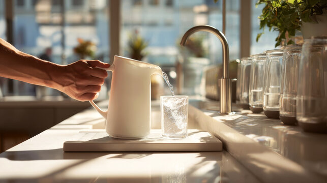 Hand pouring water from a white pitcher into a clear glass on a kitchen countertop with sunlight streaming through large windows in the background
