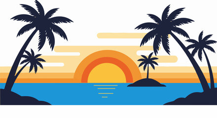 Fototapeta premium Silhouetted palm trees on tropical islands at sunset over calm ocean