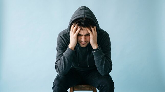 Stressed man suffering from headache and migraine. Young guy holding head with hand having pain or panic attack. Mental health issue, anxiety, depression and life struggle concept.