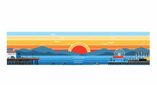 A stylized sunset over a calm ocean with a pier, Ferris wheel, and roller coaster