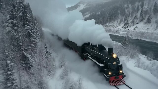 Powerful vintage steam train chugs through a snowy mountain valley, emitting thick plumes of white smoke alongside a winding river, capturing a dramatic winter journey