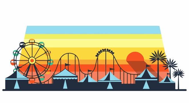 An amusement park with a Ferris wheel, roller coaster, tents, and palm trees