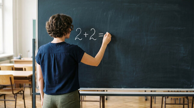 Rear view of a math teacher writing a simple addition equation "2+2=" with white chalk on a classic blackboard, minimalist classroom setting for back to school concept