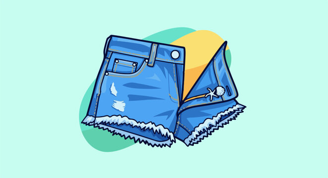 Blue denim shorts with frayed hem and shell detail