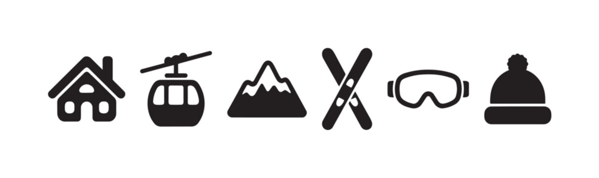 A collection of black and white vector icons representing winter sports activities and equipment, including a house, cable car, mountain, skis, goggles, and hat.