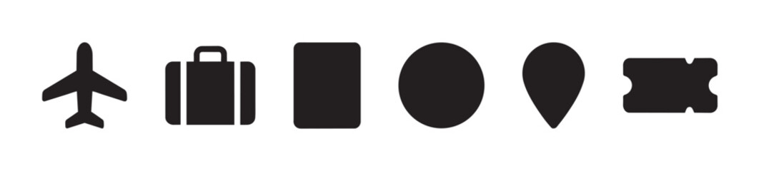 Fototapeta premium A collection of black vector icons representing airplane, suitcase, rectangular shape, oval, teardrop, and ticket on a white background.