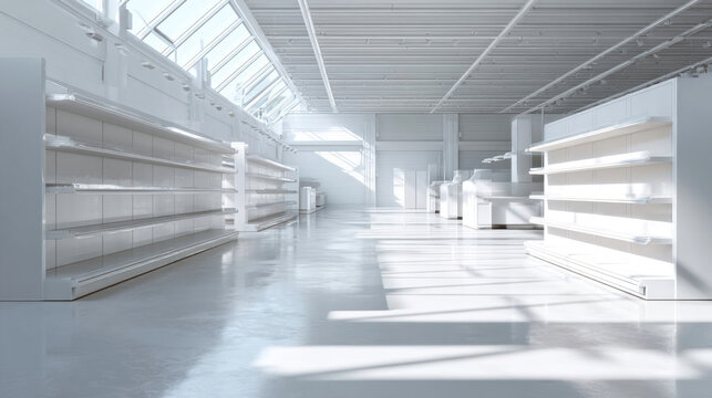 Modern retail interior with bright natural light illuminating empty white shelves and polished concrete floor in a spacious store environment
