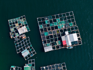 Floating fish farm cages and platforms on dark water Aerial view © Parilov