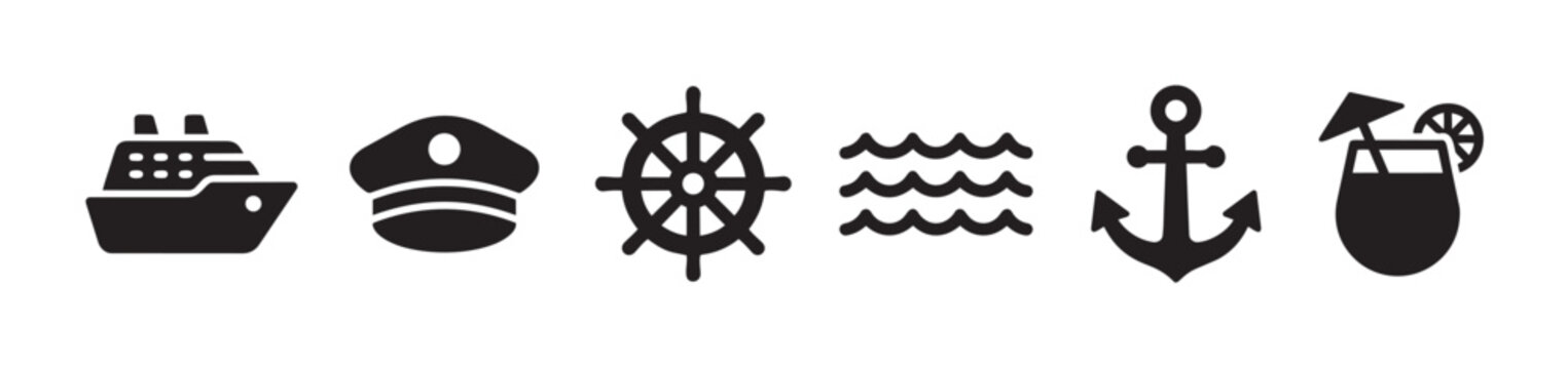 A collection of simple black vector icons representing nautical themes including a cruise ship, captain's hat, ship's wheel, waves, anchor, and a cocktail.